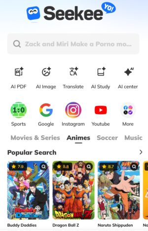 Seekee app home screen showing movie and anime tabs