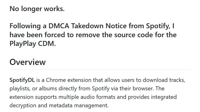 message from the developer of SpotifyDL explaining that the extension no longer works following a DMCA notice