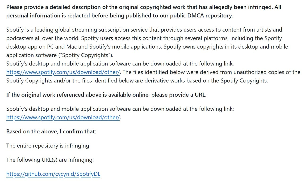 The takedown notice spotify sent to GitHub requesting SpotifyDL to be removed.